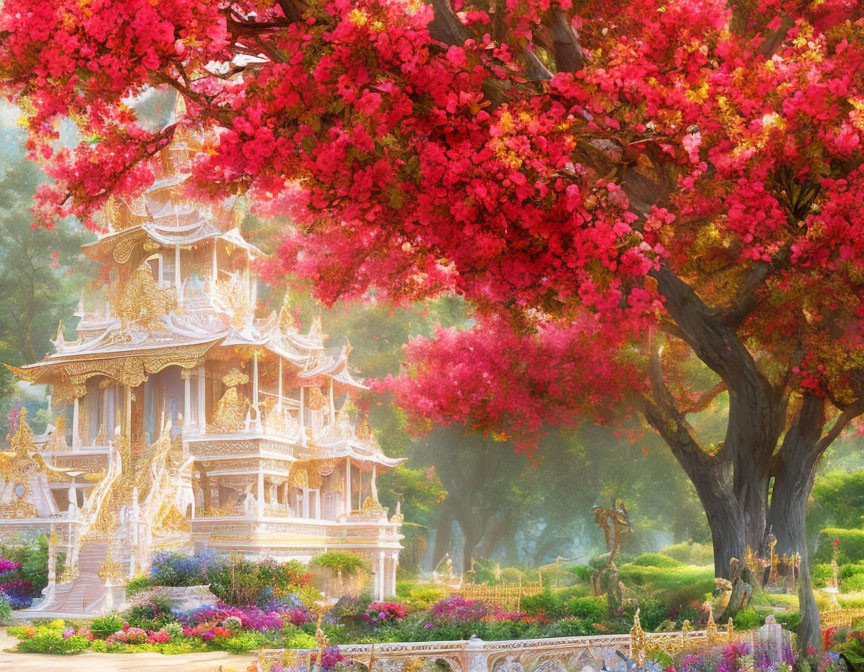 Golden Temple Surrounded by Pink Trees in Misty Garden