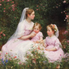 Serene woman in bridal gown with young girls in pink dresses in a lush garden