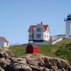 Victorian house, lighthouse, floating islands, colorful flowers landscape