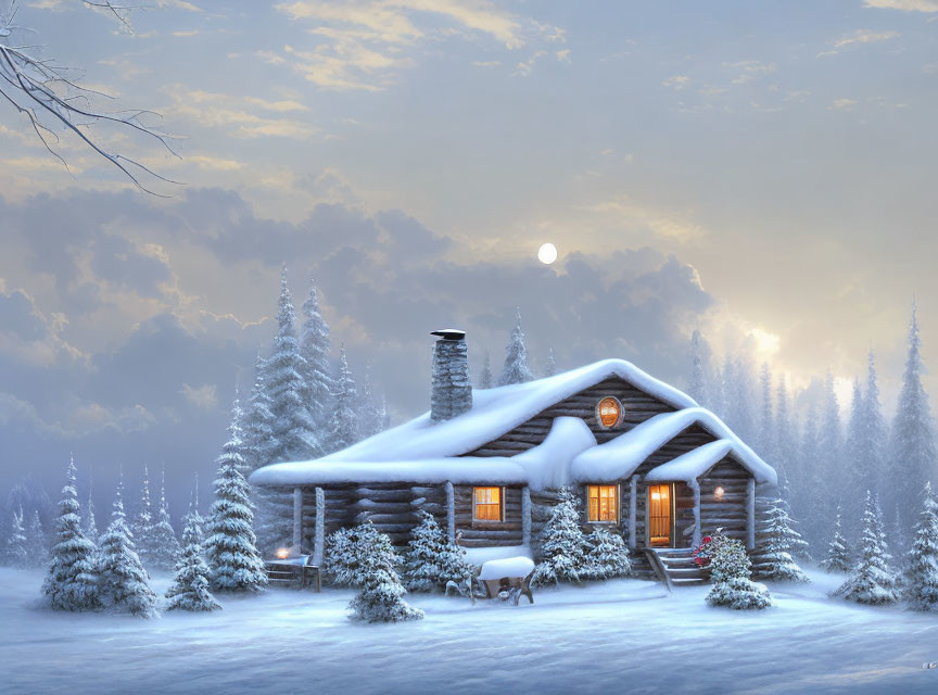 Snow-covered log cabin in serene winter forest at twilight