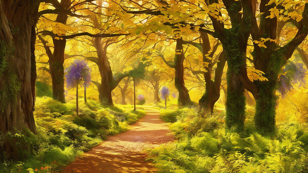 Scenic forest path with autumn leaves and purple flowers