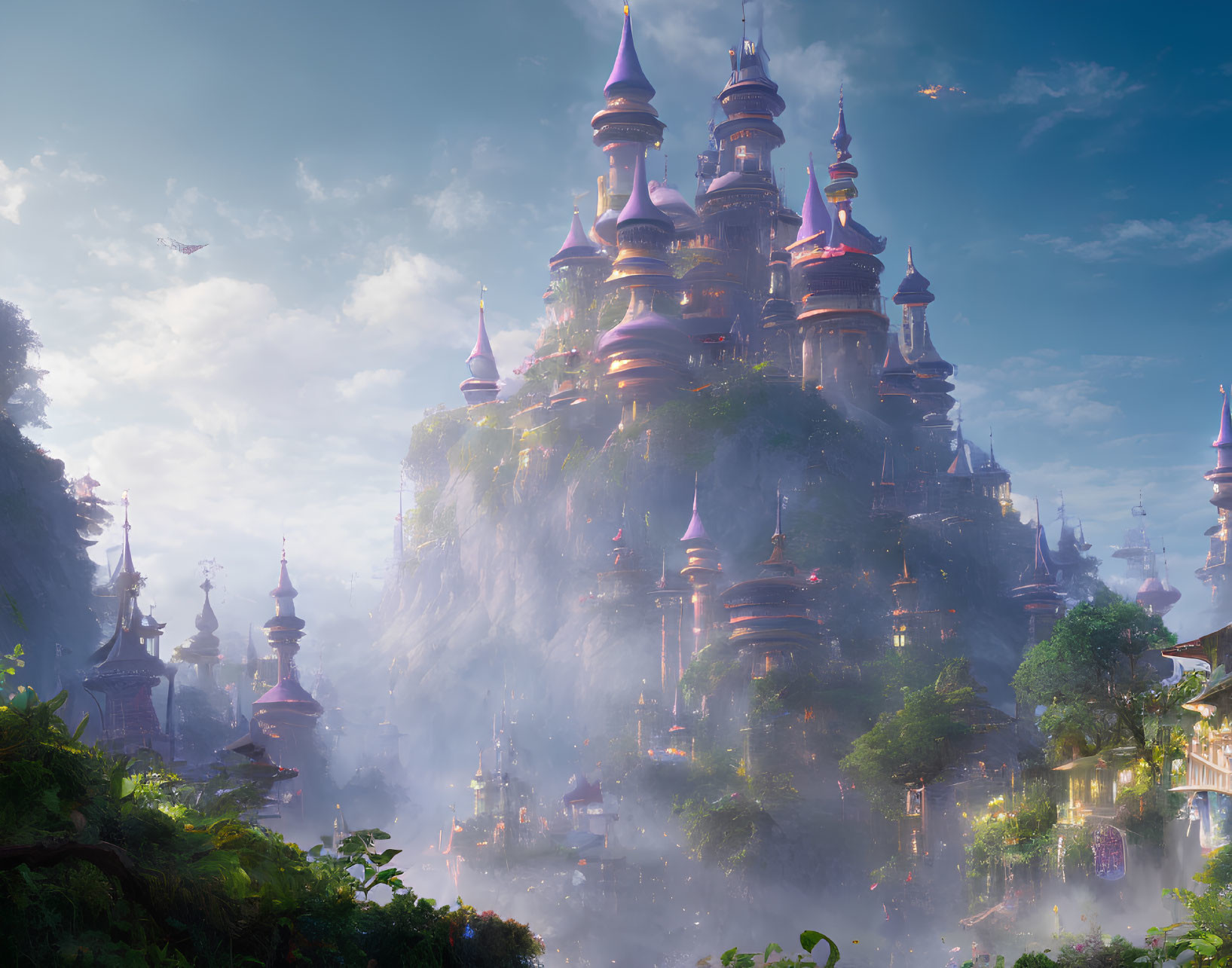 Fantastical castle with spires in misty landscape