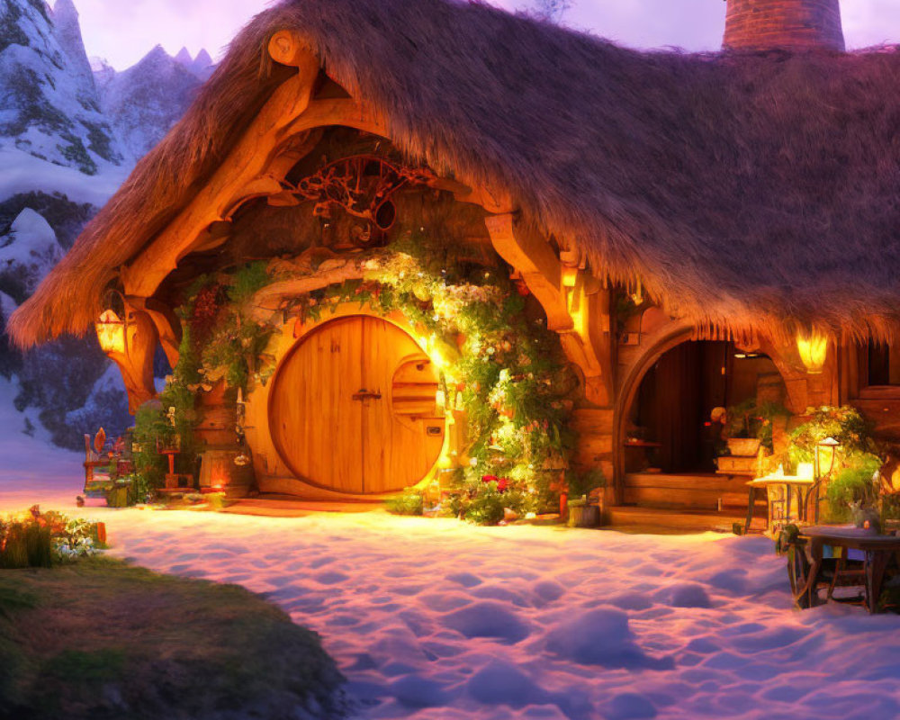 Thatched-Roof Cottage with Christmas Decorations in Snowy Dusk