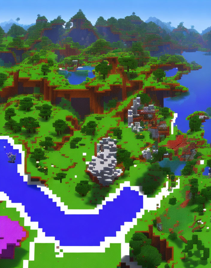 Pixelated Minecraft landscape with lush green terrain, trees, river, and blocky village