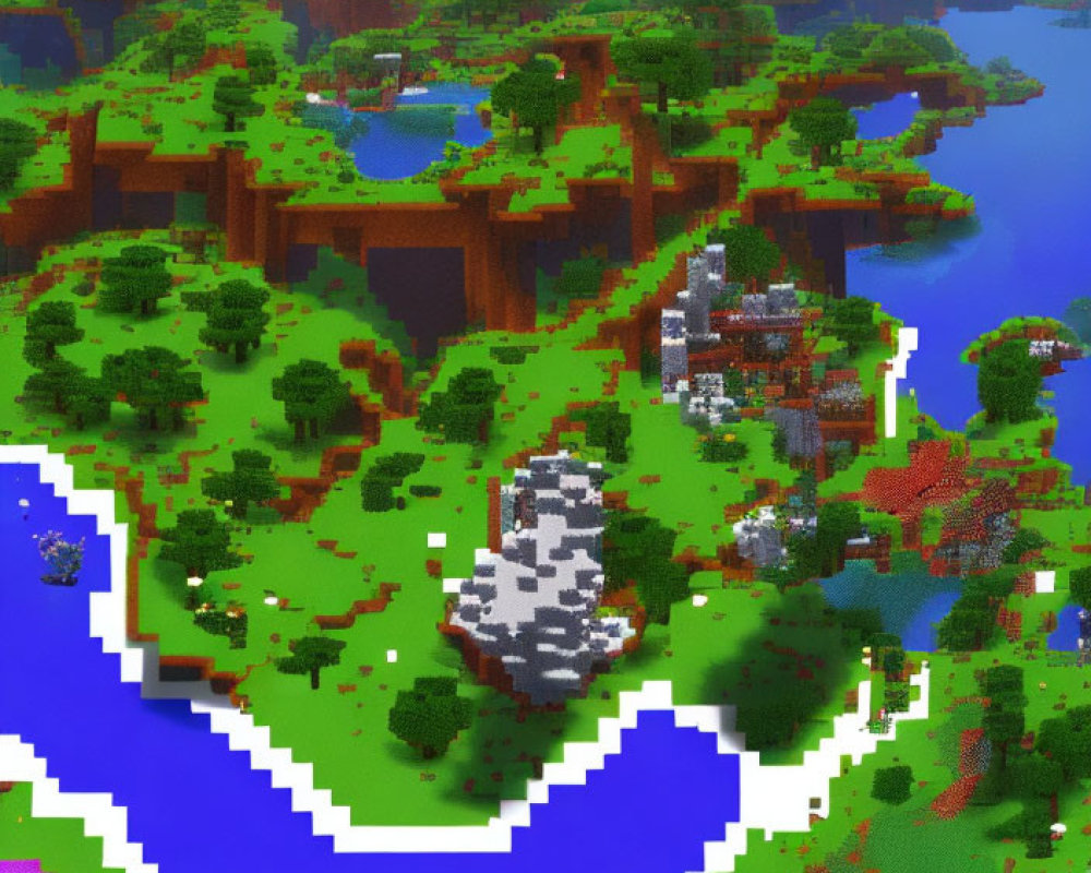 Pixelated Minecraft landscape with lush green terrain, trees, river, and blocky village