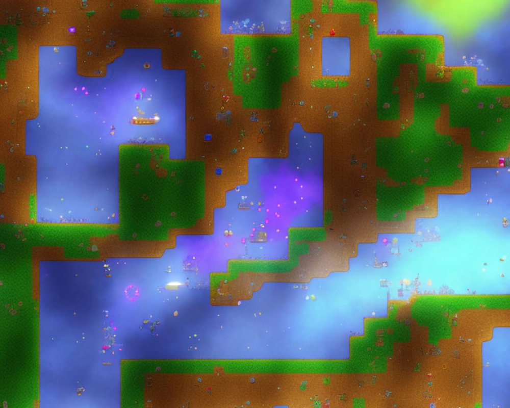 Pixelated terraria-like underground landscape with purple hues and starry backdrop