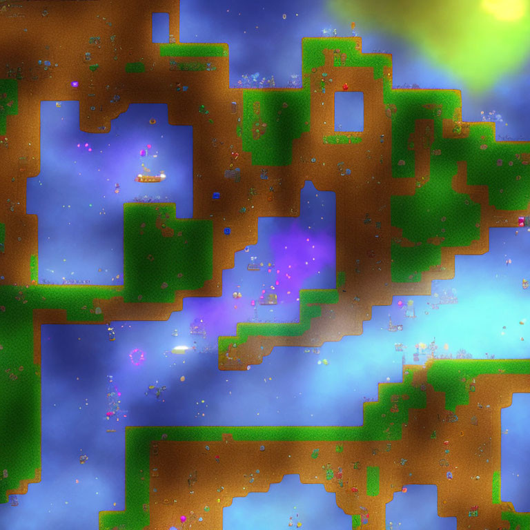 Pixelated terraria-like underground landscape with purple hues and starry backdrop