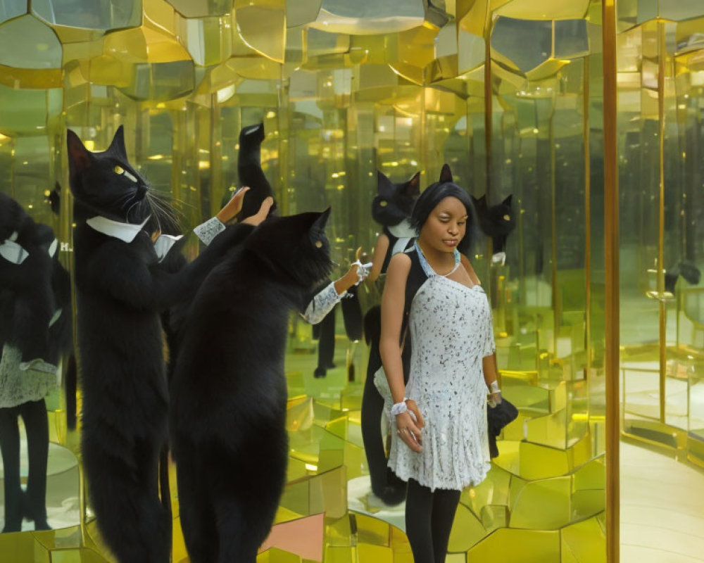 Woman walking in mirrored room with oversized black cat figures