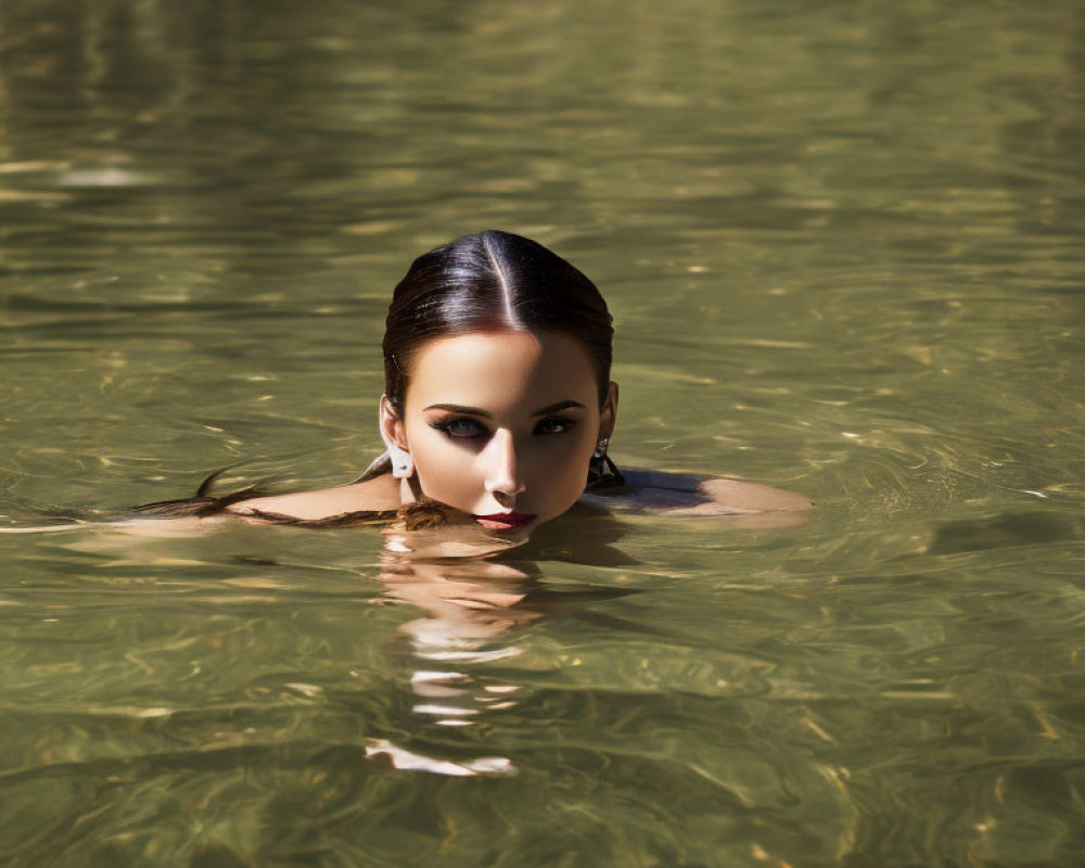 Woman with sleek hair submerged in clear water gazes at camera