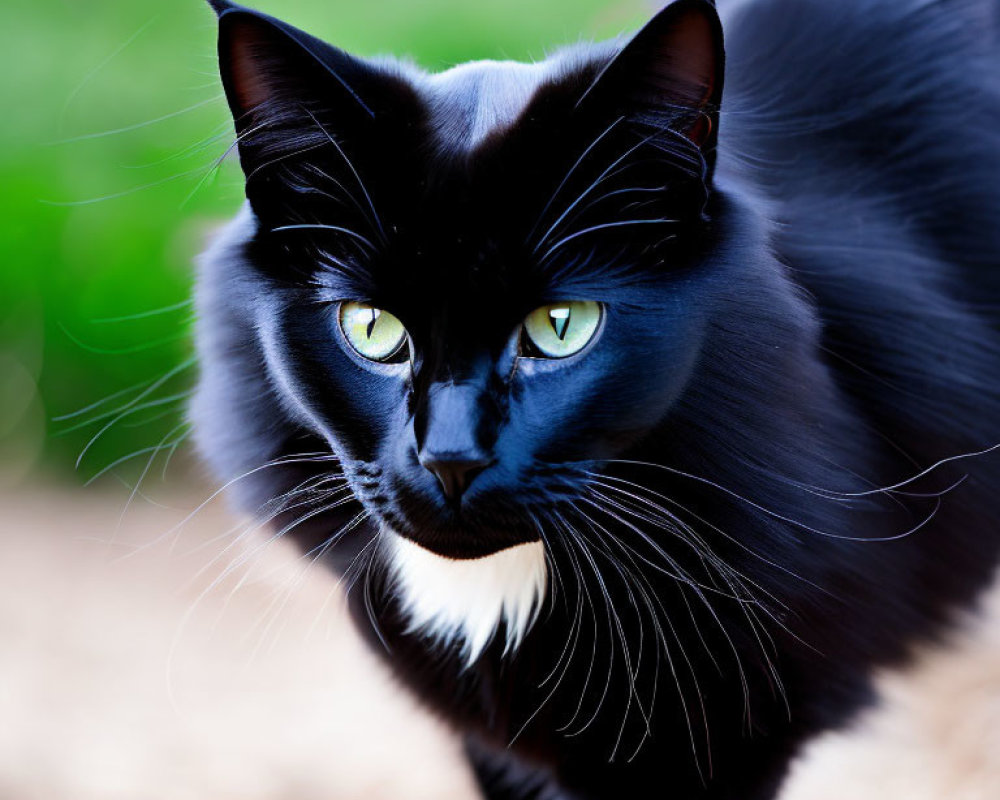 Black cat with green eyes and white whiskers on soft green backdrop