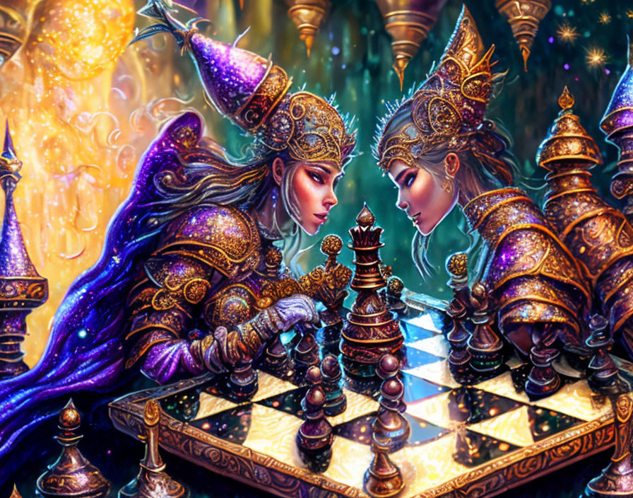 Fantasy women in ornate crowns and armor playing magical chess.