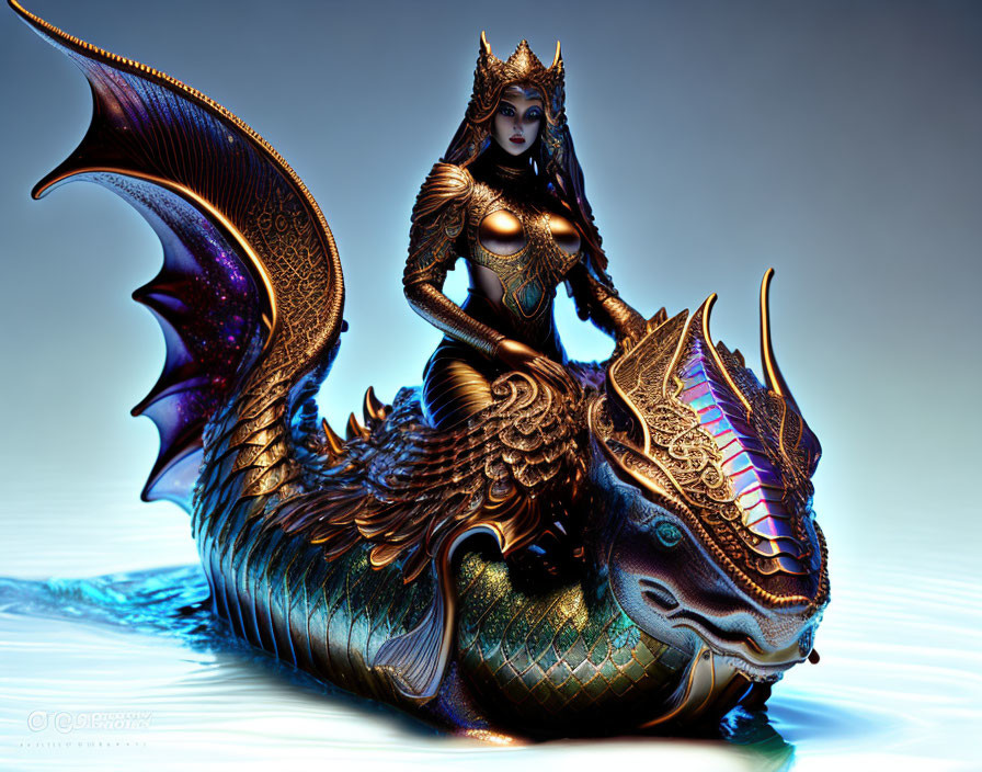 Female figure in fish-themed armor on dragon-like creature