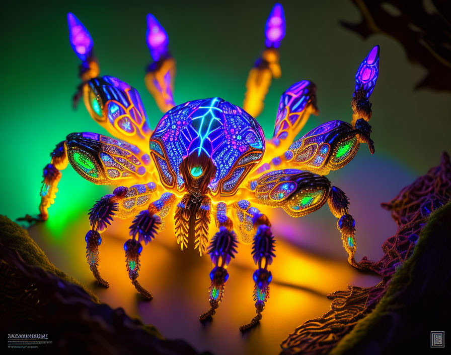 Colorful illuminated spider art with neon lights on gradient background