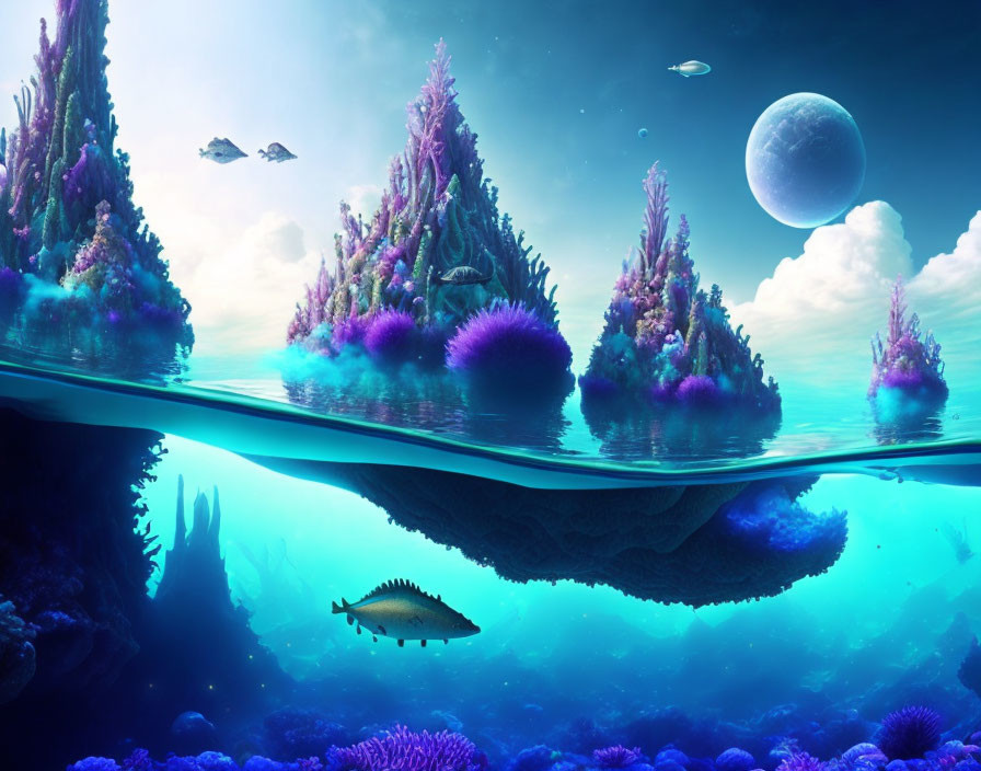 Colorful Underwater Landscape with Floating Islands and Alien World Atmosphere