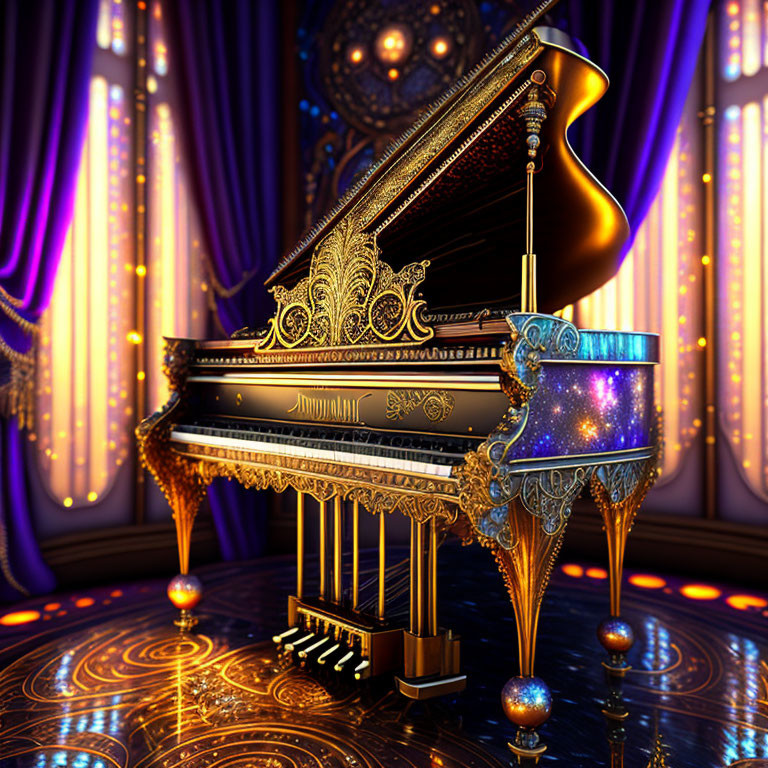 Luxurious grand piano with gold detailing on polished floor, set against purple drapes and sparkling lights