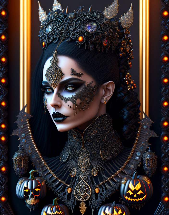 Gothic queen in black and gold attire with Halloween pumpkins