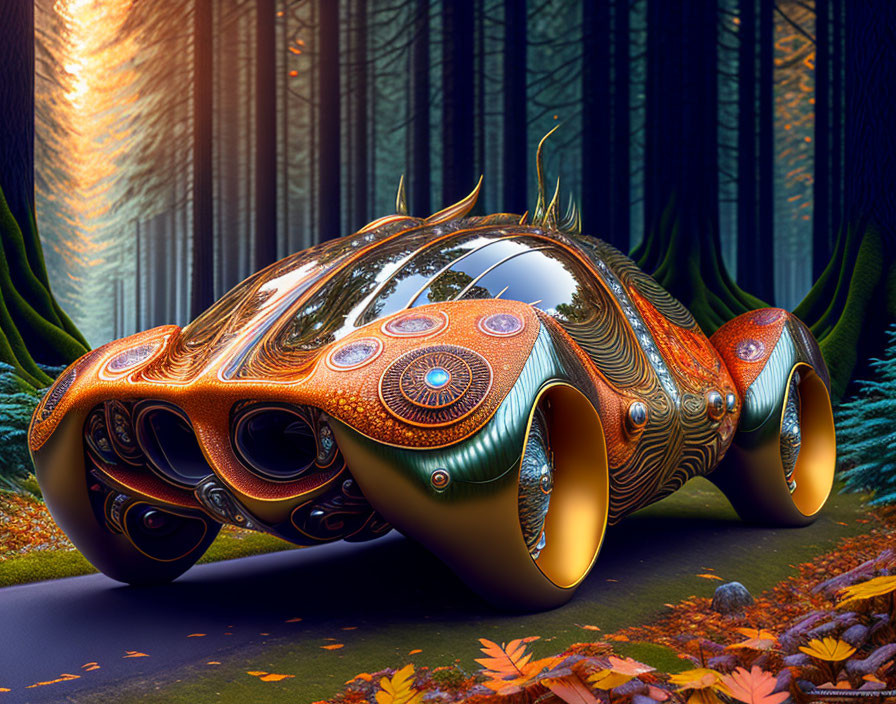 Sleek orange and golden vehicle in autumn forest clearing