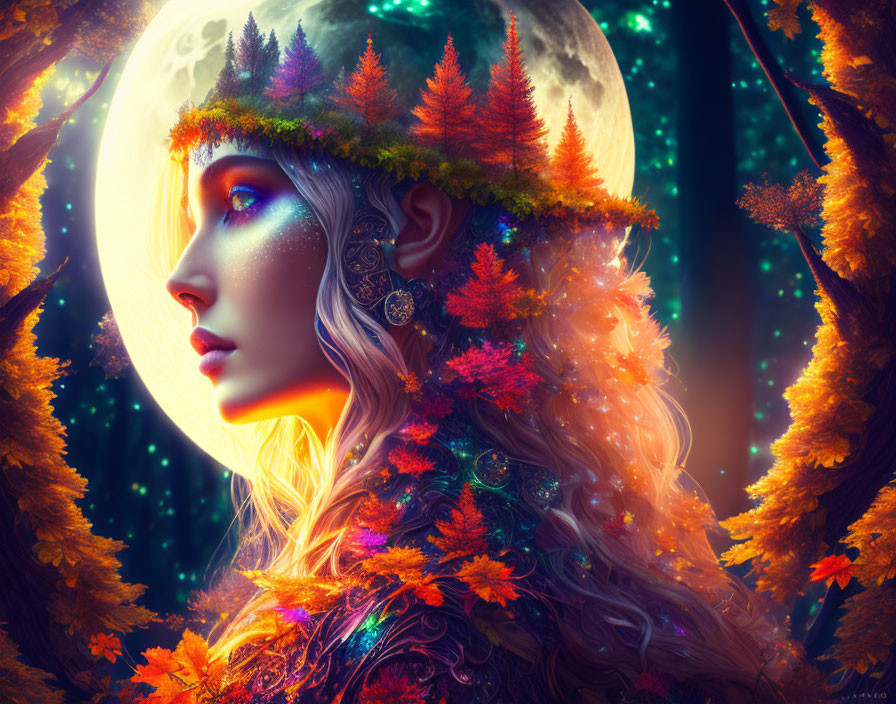 Mystical Woman with Autumn Leaf Crown in Enchanted Forest