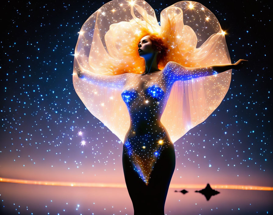 Woman with flowing hair in glowing cape under starry sky with birds.