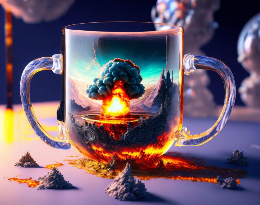 Transparent mug with volcanic eruption and atomic explosion in surreal image