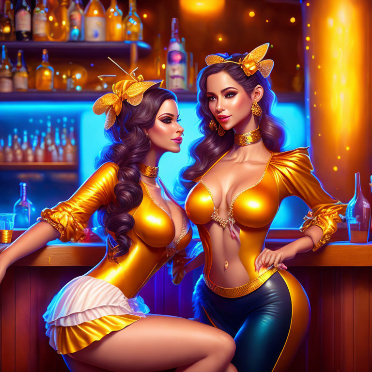 Stylized women in golden and blue outfits at bar with bottles.