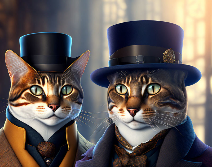 Anthropomorphic Cats in Victorian Attire with Top Hats in Autumnal Forest