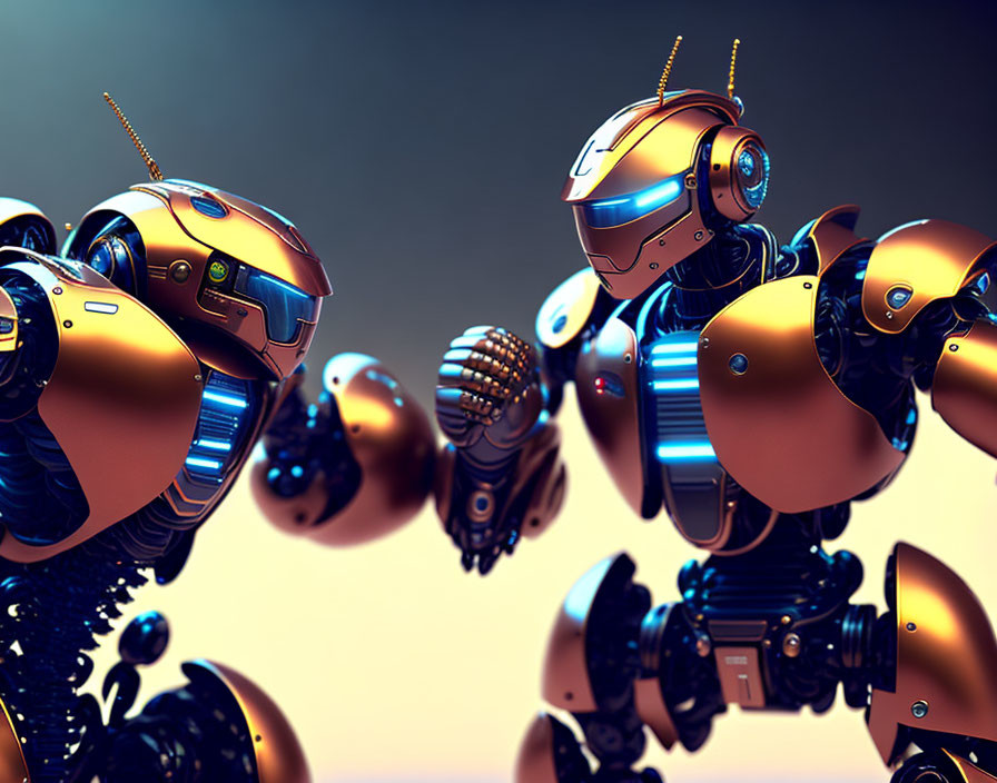 Futuristic robots with golden and blue armor details facing each other