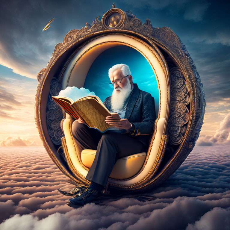 Elderly Man Reading Book in Ornate Oval Frame with Sky Background