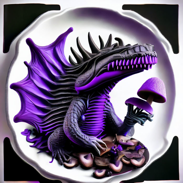 Stylized 3D Dragon Illustration with Purple Accents and Mushrooms