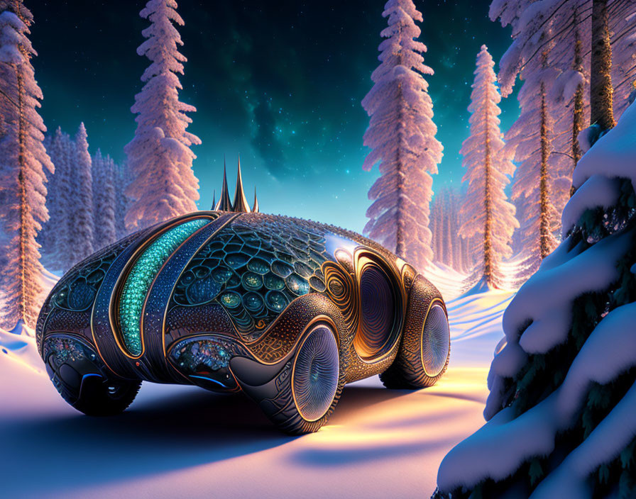 Intricate futuristic vehicle in snowy forest with tall pine trees