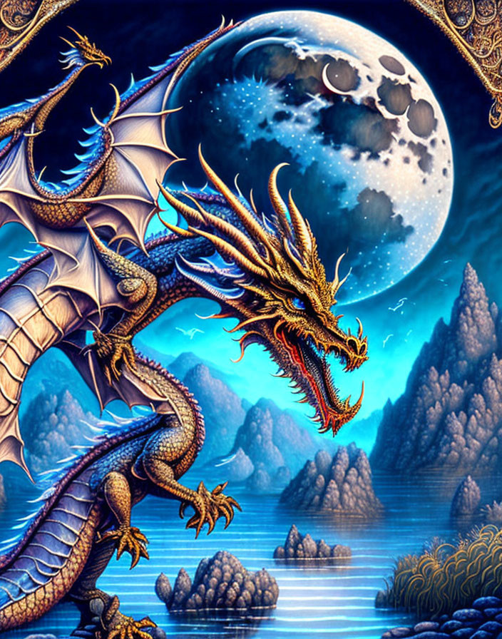 Majestic dragon on craggy rocks under full moon