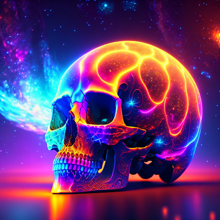 Vibrant cosmic background with glowing neon skull