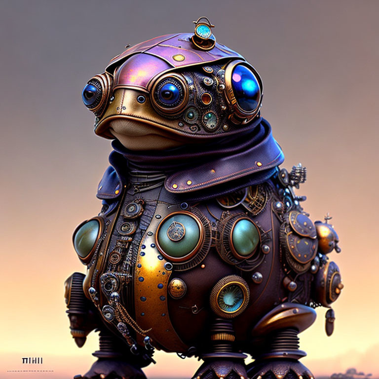 Mechanical Frog Sculpture with Steampunk Design on Twilight Background