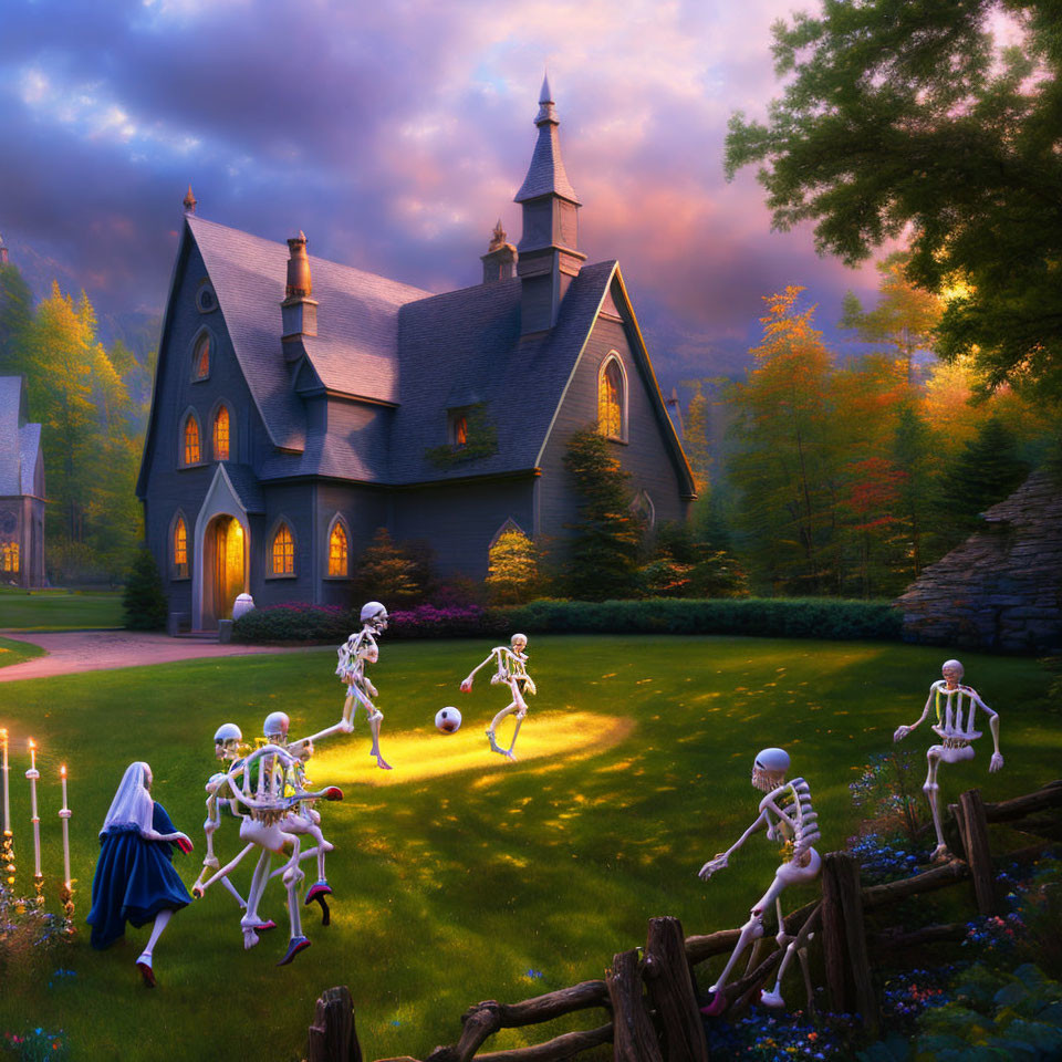 Gothic house scene: skeletons playing with a girl in sunset light