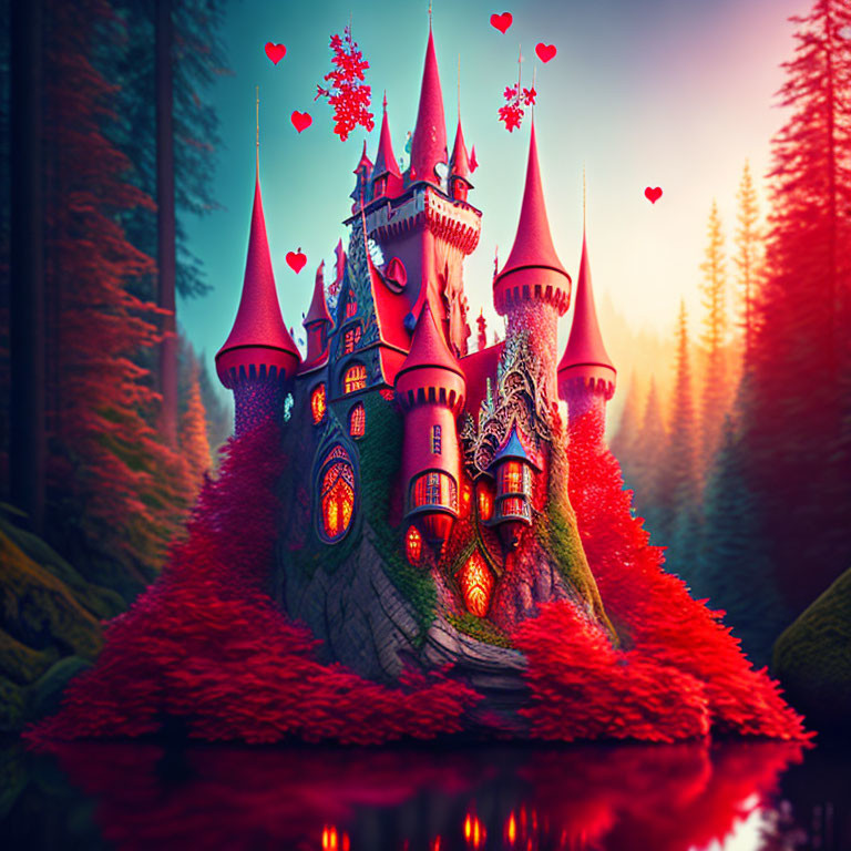 Enchanting Red Castle with Towering Spires in Forest Setting