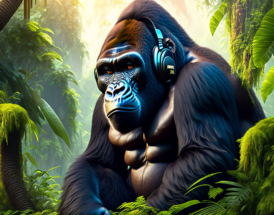 Gorilla with headphones in lush jungle setting