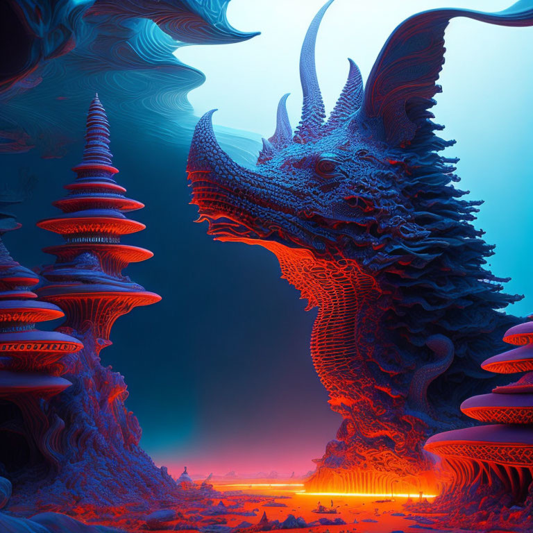 Majestic dragon digital artwork with intricate scales and surreal spiral structures