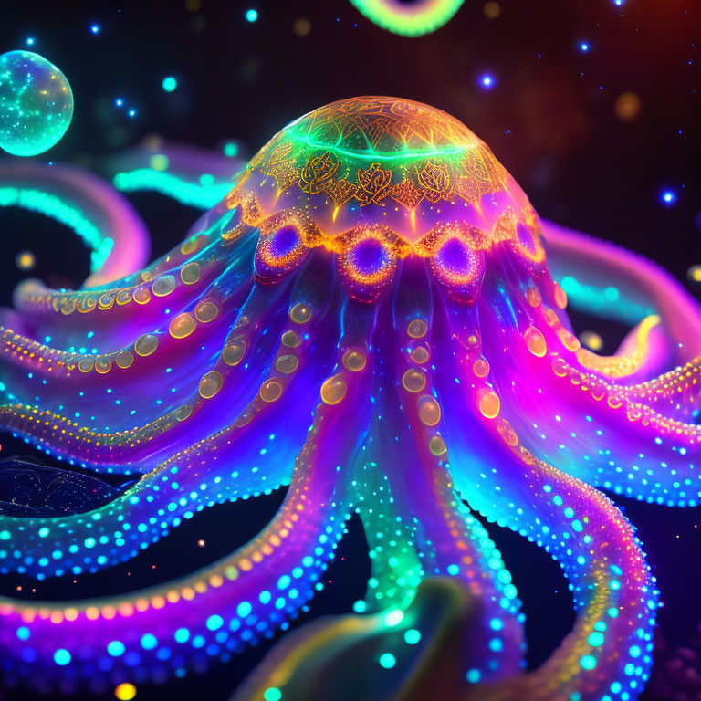 Neon-colored jellyfish digital art with cosmic backdrop