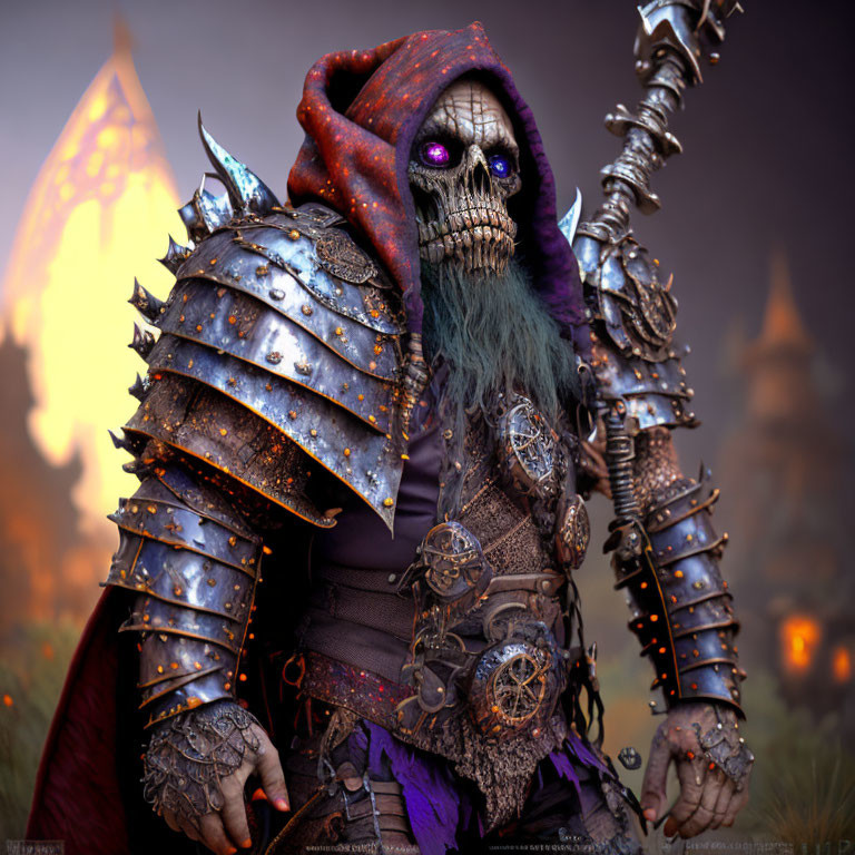 Armoured figure with glowing purple-eyed skull and spear in fiery setting