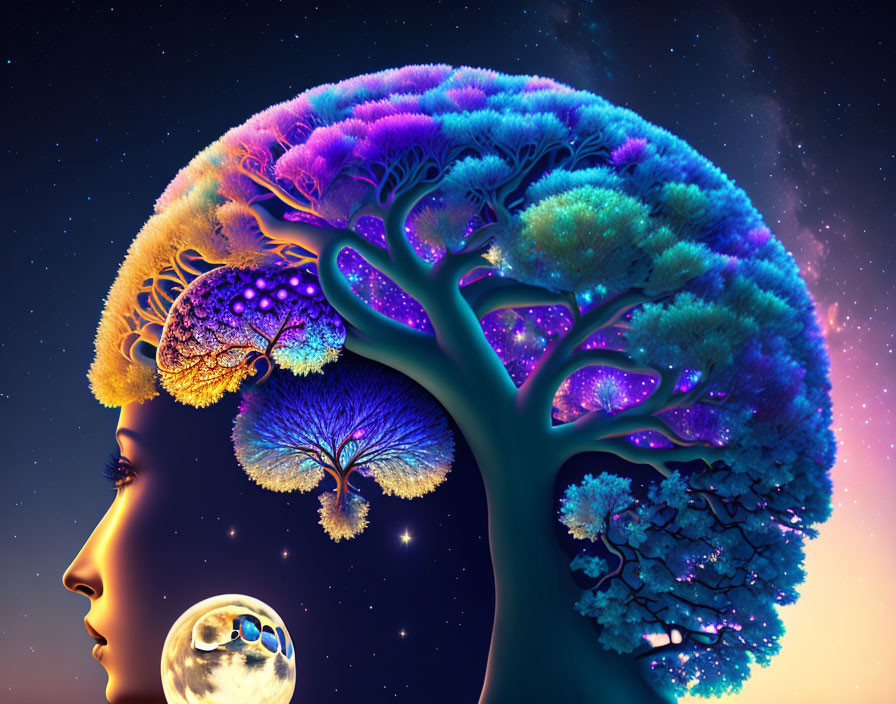 Surreal artwork: Woman's profile with tree brain under starry sky