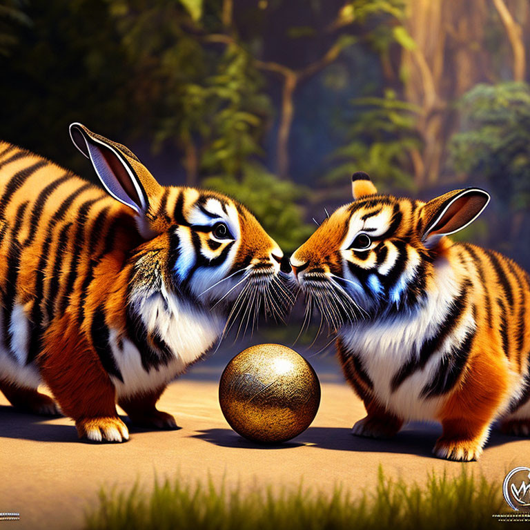 Rabbit and tiger-striped fantasy creatures with golden orb in forest clearing