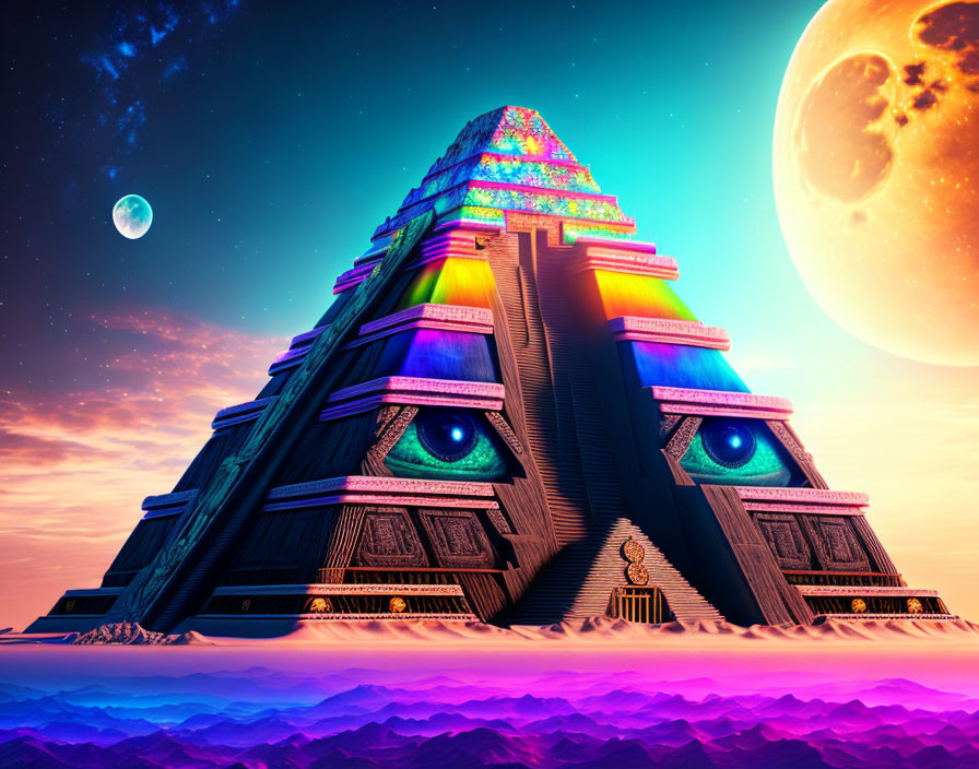 Colorful pyramid with eyes under moon and planet in purple sky