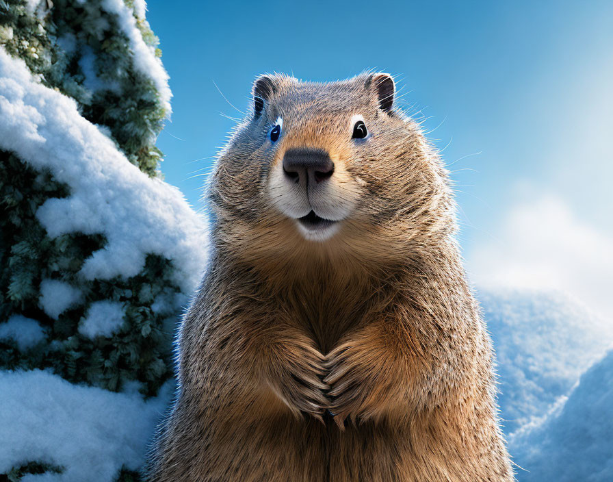 Curious groundhog in snow under clear blue sky