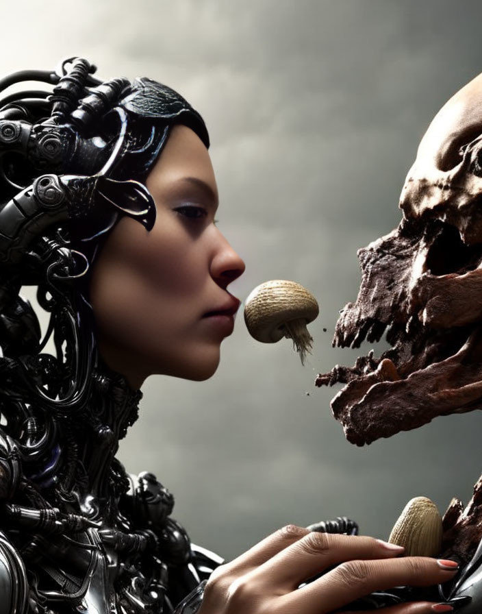 Intricate humanoid robot with mechanical parts touching human skull and mushroom growing from surface