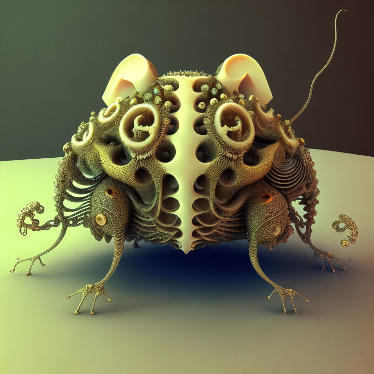 Symmetrical 3D creature with glowing orbs in gradient environment