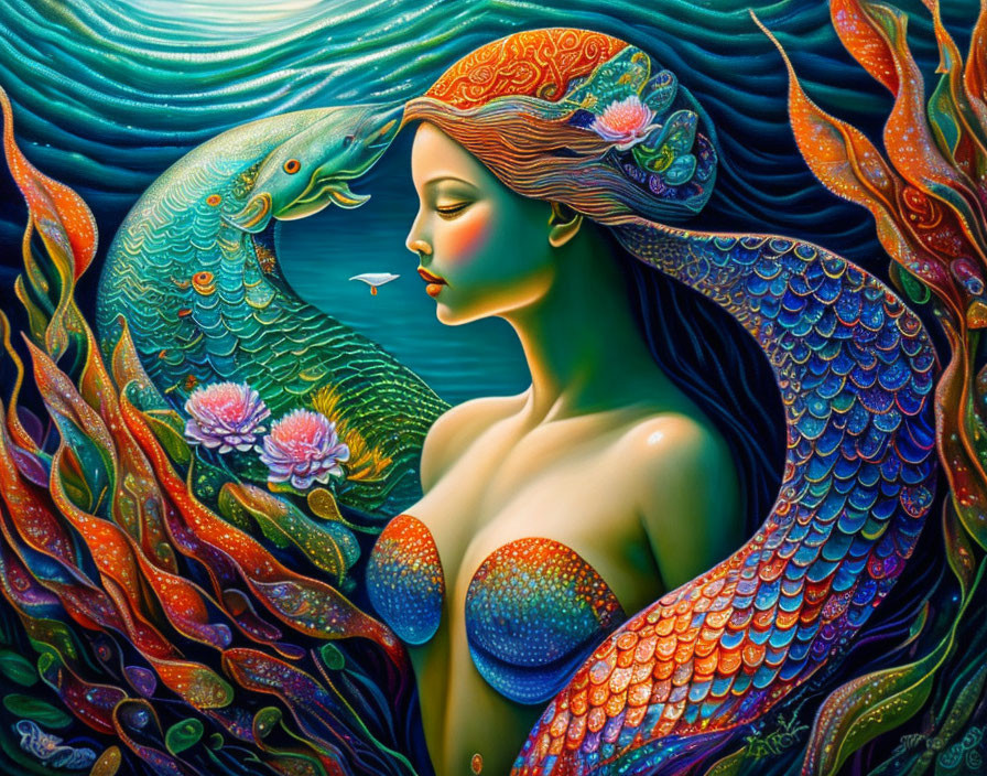 Colorful Mermaid Artwork in Underwater Scene with Fish and Marine Flora