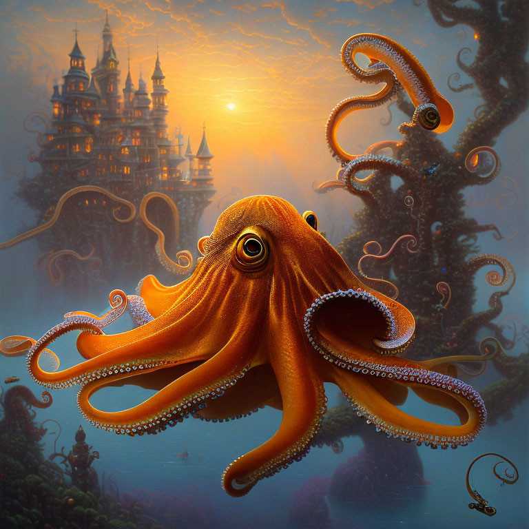 Detailed Orange Octopus in Fantasy Setting with Castle and Surreal Elements