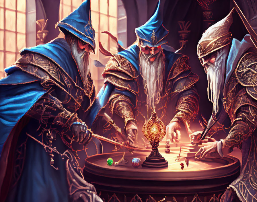 Three Wizards in Blue Robes Examining Magical Orb and Mystical Items