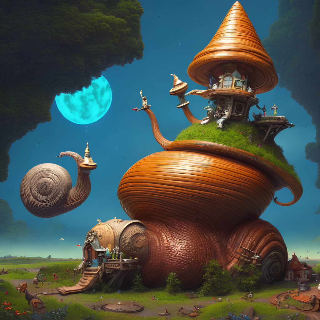 Whimsical fantasy landscape with snail-shaped house and blue moon