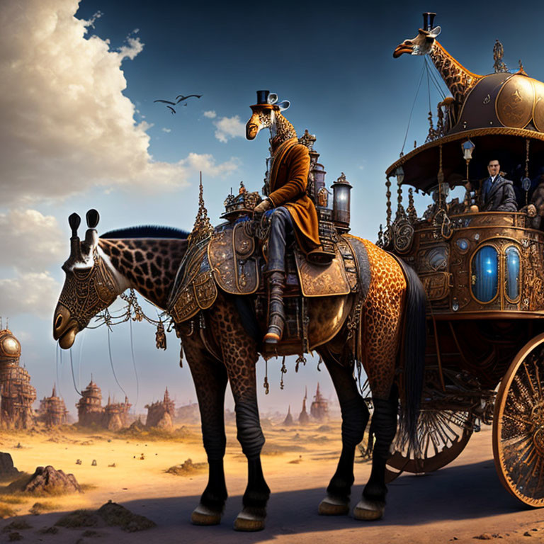 Steampunk-inspired artwork: person on mechanical giraffe in fantastical setting